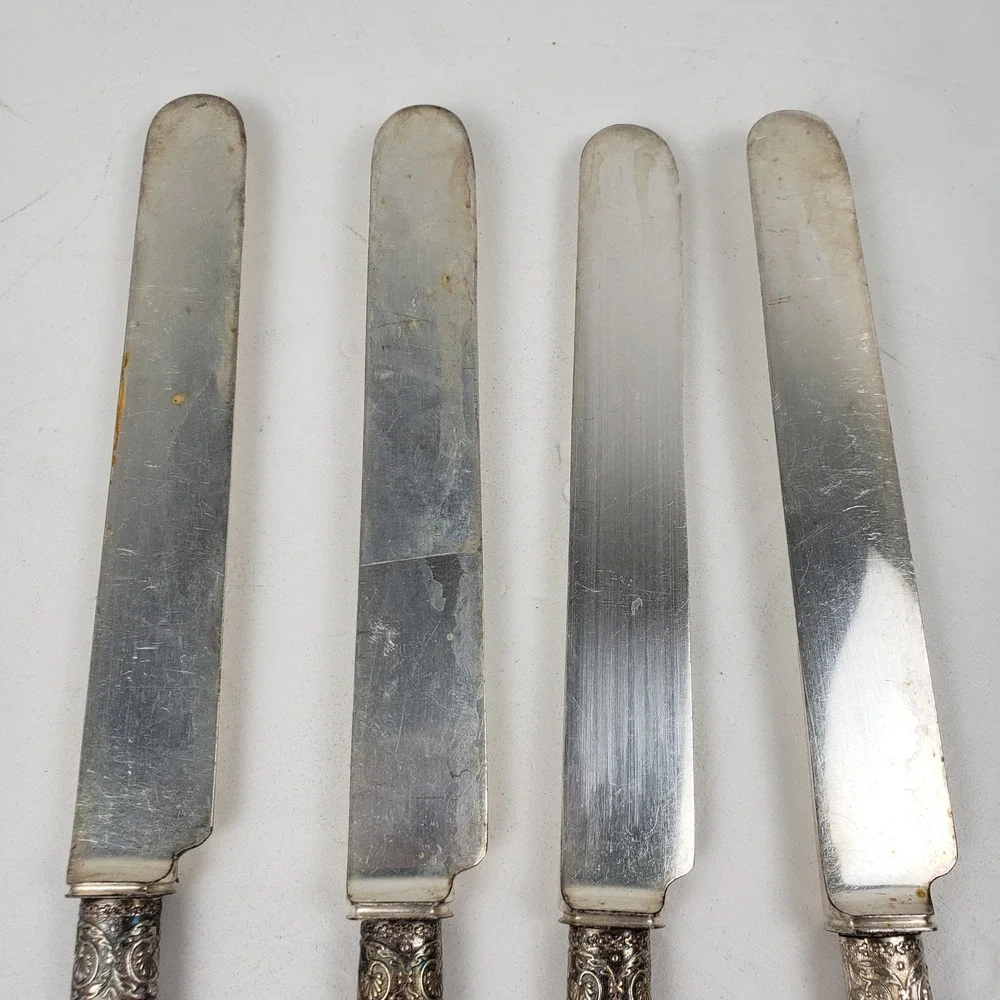 Antique J. Russell & Co. 1834 Mother of Pearl Sterling Ferrule Knives Set of 4